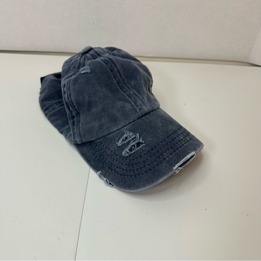 C C Exclusive Distressed Look Ponytail Pony Tail Bluejean Cap Hat C.C. Messy Bun
